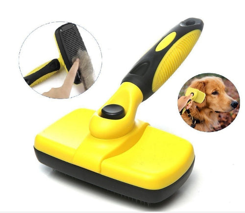 Cepillo autolimpiable para mascotas amarillo con botón negro